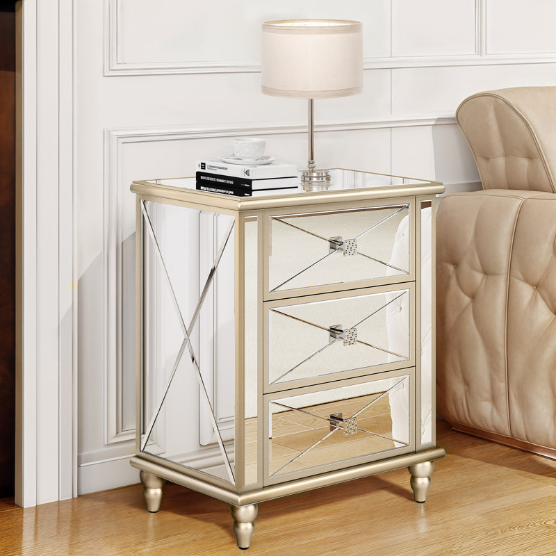 Willa Arlo Interiors Brashear Mirrored 3 Drawers Dressers Accent Chest with Wood Legs Modern Mirrored Nightstans Wayfair